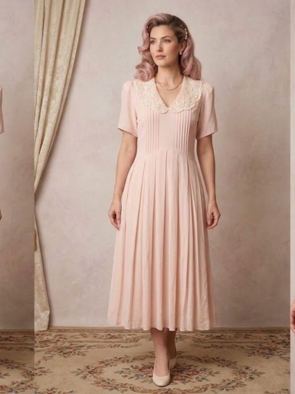 Vintage 80s Expo Pastel Pink Pleated Midi Maxi Dress Romantic Coquette Size 18